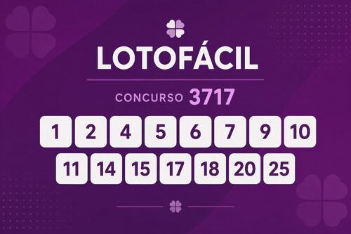 Resultado do concurso 3717 da Lotofácil com os 15 números sorteados em destaque sobre fundo roxo minimalista.