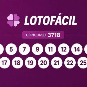 Resultado da Lotofácil 3718 com os 15 números sorteados em destaque sobre fundo roxo em layout minimalista.