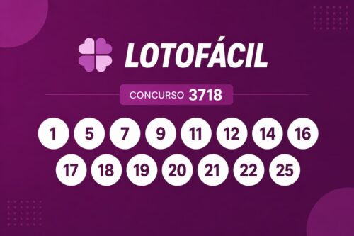 Resultado da Lotofácil 3718 com os 15 números sorteados em destaque sobre fundo roxo em layout minimalista.