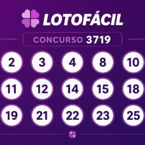 Resultado da Lotofácil 3719 com os 15 números sorteados em destaque sobre fundo roxo em arte minimalista.