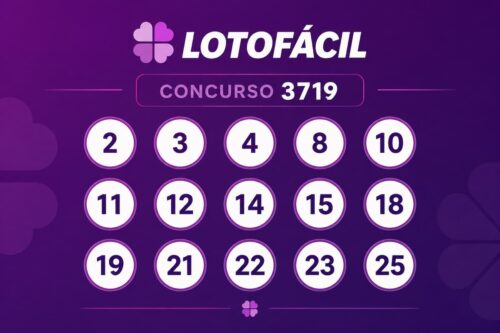 Resultado da Lotofácil 3719 com os 15 números sorteados em destaque sobre fundo roxo em arte minimalista.
