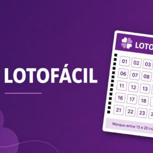 Ilustração minimalista da Lotofácil com fundo roxo e volante de aposta estilizado com números de 1 a 25.