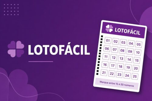 Ilustração minimalista da Lotofácil com fundo roxo e volante de aposta estilizado com números de 1 a 25.