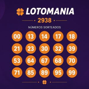 Resultado da Lotomania 2938 com números sorteados destacados em layout minimalista sobre fundo roxo escuro.
