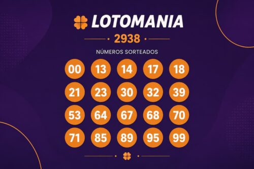 Resultado da Lotomania 2938 com números sorteados destacados em layout minimalista sobre fundo roxo escuro.