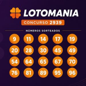 Resultado da Lotomania 2939 com números sorteados em destaque sobre fundo roxo escuro e design minimalista.