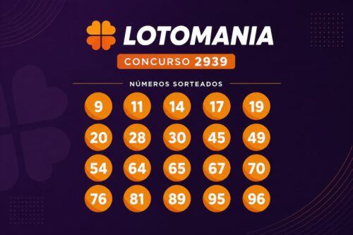 Resultado da Lotomania 2939 com números sorteados em destaque sobre fundo roxo escuro e design minimalista.