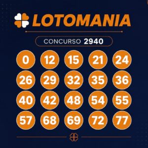 Resultado da Lotomania 2940 com números sorteados exibidos em destaque sobre fundo azul escuro em arte minimalista.