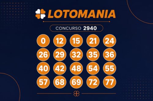 Resultado da Lotomania 2940 com números sorteados exibidos em destaque sobre fundo azul escuro em arte minimalista.