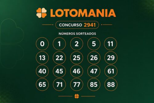 Resultado da Lotomania 2941 com os 20 números sorteados em layout minimalista sobre fundo verde escuro.
