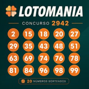 Resultado da Lotomania 2942 com os 20 números sorteados em destaque sobre fundo verde-escuro em layout minimalista.