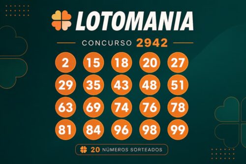 Resultado da Lotomania 2942 com os 20 números sorteados em destaque sobre fundo verde-escuro em layout minimalista.
