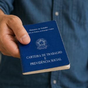 Pessoa segura carteira de trabalho em destaque; imagem ilustra emprego, FGTS e obrigações trabalhistas.