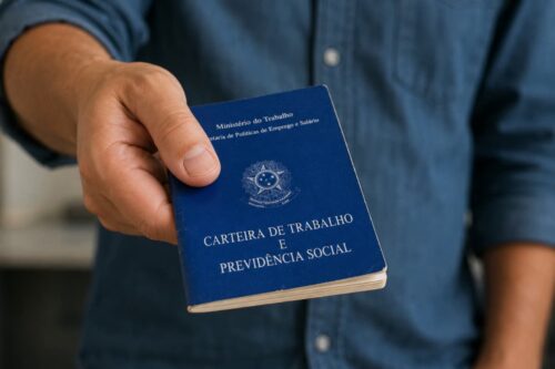 Pessoa segura carteira de trabalho em destaque; imagem ilustra emprego, FGTS e obrigações trabalhistas.