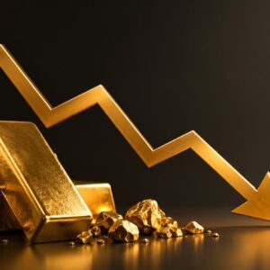 Barras de ouro sobre fundo escuro com gráfico vermelho apontando para baixo, representando a queda do preço do ouro.