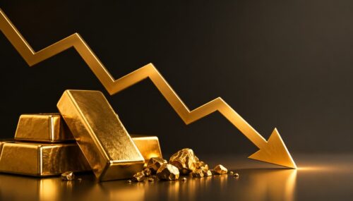 Barras de ouro sobre fundo escuro com gráfico vermelho apontando para baixo, representando a queda do preço do ouro.