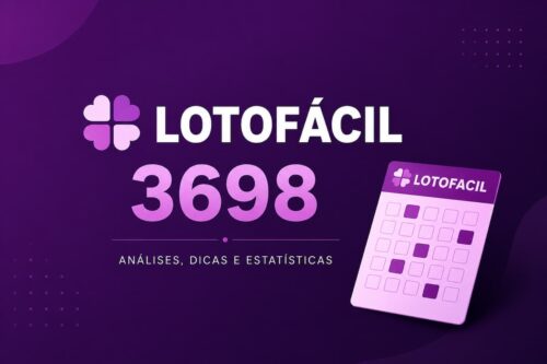 Arte minimalista da Lotofácil 3698 com fundo roxo escuro e elementos gráficos em tons de lilás e rosa.