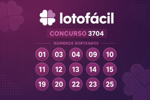 Resultado da Lotofácil 3704 com os 15 números sorteados em destaque sobre fundo roxo em arte minimalista.