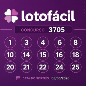 Resultado da Lotofácil 3705 com números sorteados destacados em layout minimalista sobre fundo roxo e data do sorteio.