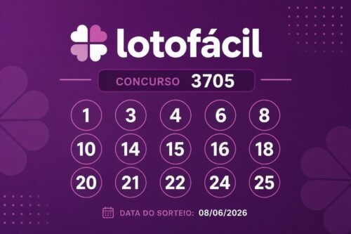 Resultado da Lotofácil 3705 com números sorteados destacados em layout minimalista sobre fundo roxo e data do sorteio.