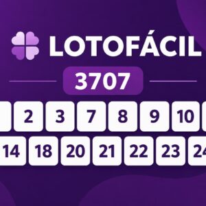 Resultado da Lotofácil 3707 com números sorteados destacados em layout minimalista sobre fundo roxo.
