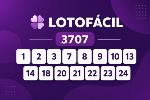 Resultado da Lotofácil 3707 com números sorteados destacados em layout minimalista sobre fundo roxo.