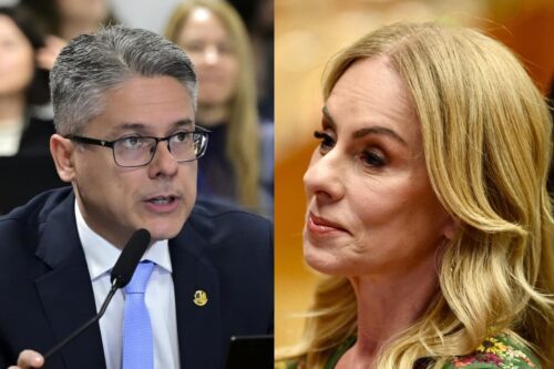 Senador Alessandro Vieira em audiência no Senado ao lado de Viviane Barci de Moraes em montagem.