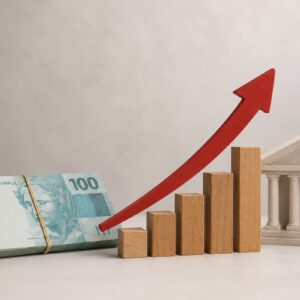 Ilustração minimalista com notas de real, gráfico de alta e referência ao mercado de juros e investimentos.