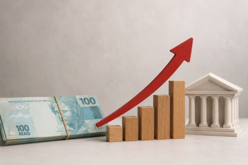 Ilustração minimalista com notas de real, gráfico de alta e referência ao mercado de juros e investimentos.