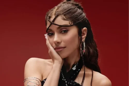 Retrato em plano médio da cantora Anitta contra um fundo vermelho sólido. Ela está levemente inclinada, apoiando o rosto delicadamente na mão direita. Seu cabelo castanho está estilizado de forma elaborada, com pequenas tranças finas que cruzam sua testa e o restante preso para trás. Ela usa uma maquiagem suave com sombra rosada brilhante, brincos prateados detalhados, um bracelete de metal espiralado no braço direito e uma blusa preta de frente única com detalhes em prata.