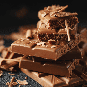 Barras de chocolate quebradas em fundo escuro.