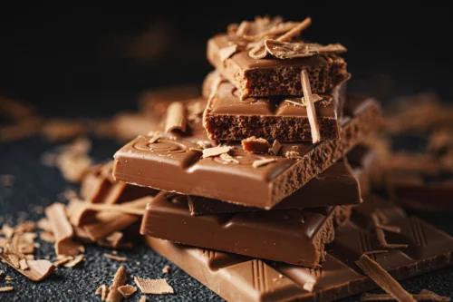 Barras de chocolate quebradas em fundo escuro.