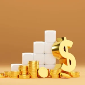 Ilustração tridimensional com temática financeira. Em primeiro plano, várias moedas douradas empilhadas ao lado de um grande símbolo de cifrão dourado. Ao fundo, blocos brancos empilhados sobem em formato de escada, representando crescimento financeiro.
