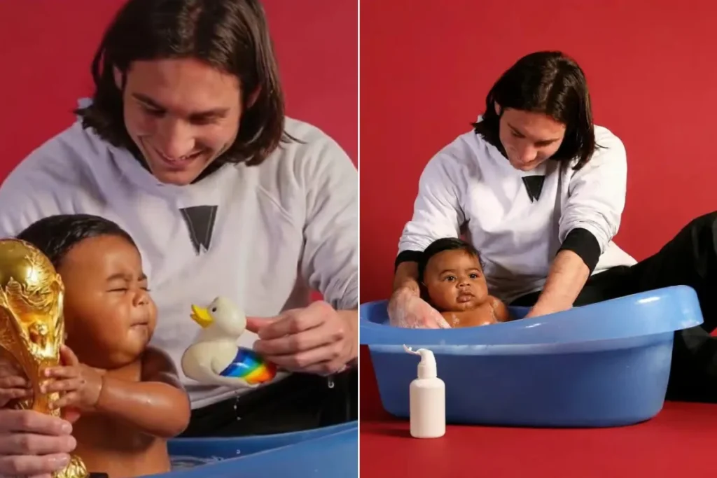 Lionel Messi em começo de carreira e o bebê Lamine Yamal.