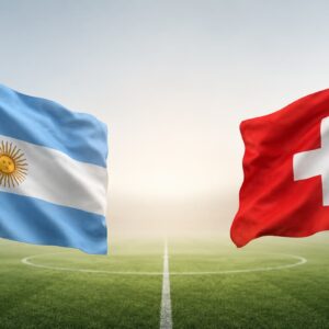 Bandeiras da Argentina e da Suíça frente a frente sobre campo de futebol desfocado, simbolizando um confronto esportivo.