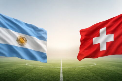 Bandeiras da Argentina e da Suíça frente a frente sobre campo de futebol desfocado, simbolizando um confronto esportivo.
