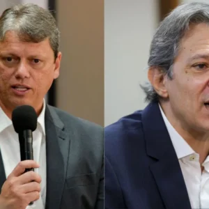 Tarcísio de Freitas e Fernando Haddad em montagem de fotos durante eventos públicos em São Paulo.