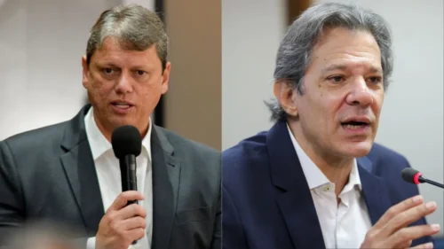 Tarcísio de Freitas e Fernando Haddad em montagem de fotos durante eventos públicos em São Paulo.