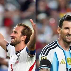 Harry Kane e Lionel Messi antes da semifinal entre Inglaterra e Argentina na Copa do Mundo de 2026.