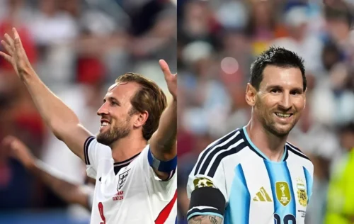 Harry Kane e Lionel Messi antes da semifinal entre Inglaterra e Argentina na Copa do Mundo de 2026.