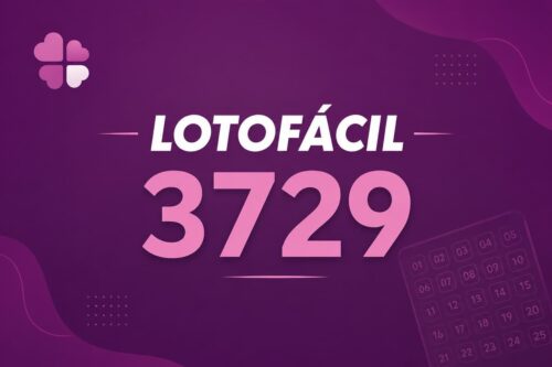 Imagem minimalista da Lotofácil 3729 com fundo roxo escuro e cartela de aposta estilizada em destaque.