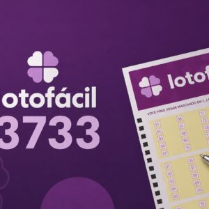Imagem minimalista da Lotofácil 3733 com fundo roxo, volante de aposta e caneta, ilustrando o concurso da loteria.