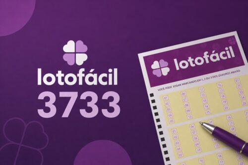 Imagem minimalista da Lotofácil 3733 com fundo roxo, volante de aposta e caneta, ilustrando o concurso da loteria.