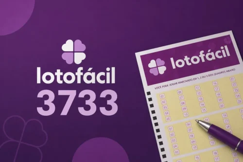 Imagem minimalista da Lotofácil 3733 com fundo roxo, volante de aposta e caneta, ilustrando o concurso da loteria.