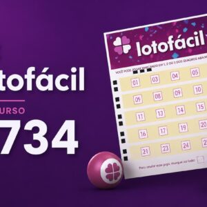 Ilustração minimalista da Lotofácil concurso 3734 com volante de aposta em fundo roxo e elementos da loteria.