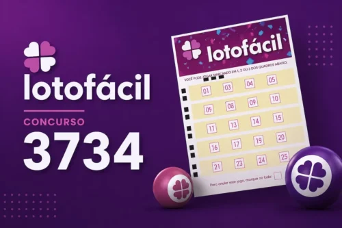 Ilustração minimalista da Lotofácil concurso 3734 com volante de aposta em fundo roxo e elementos da loteria.