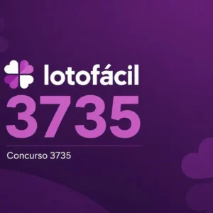 Ilustração minimalista em tons de roxo da Lotofácil concurso 3735, com fundo escuro e destaque para o número do sorteio.