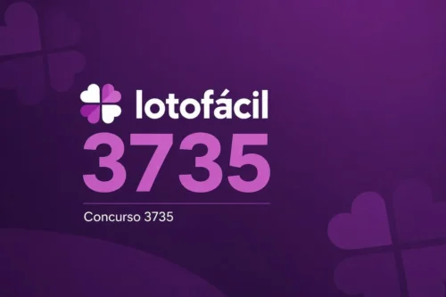 Ilustração minimalista em tons de roxo da Lotofácil concurso 3735, com fundo escuro e destaque para o número do sorteio.