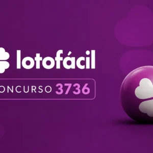Ilustração minimalista da Lotofácil concurso 3736 com fundo roxo, logotipo e esfera estilizada, sem cartela de apostas.