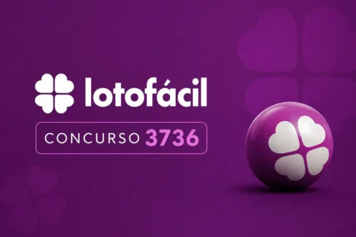 Ilustração minimalista da Lotofácil concurso 3736 com fundo roxo, logotipo e esfera estilizada, sem cartela de apostas.